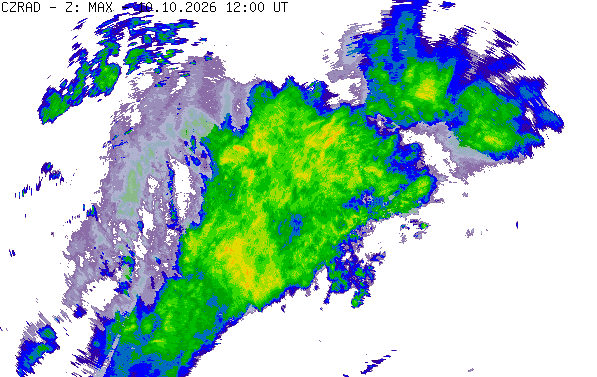 Meteoradar - aktuální srážky 2026-10-10 14:00:00