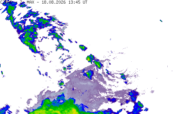 Meteoradar - aktuální srážky 2026-08-18 15:45:00