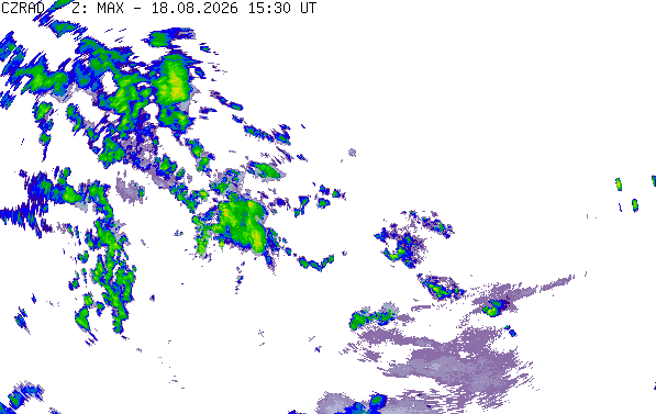 Meteoradar - aktuální srážky 2026-08-18 17:30:00