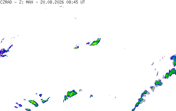 Meteoradar - aktuální srážky 2026-08-20 10:45:00