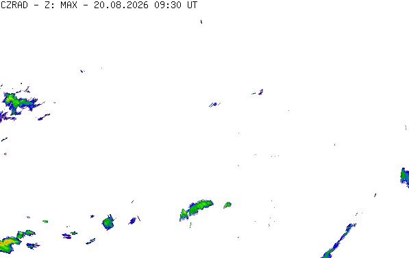 Meteoradar - aktuální srážky 2026-08-20 11:30:00
