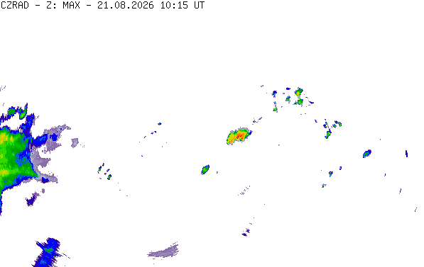Meteoradar - aktuální srážky 2026-08-21 12:15:00