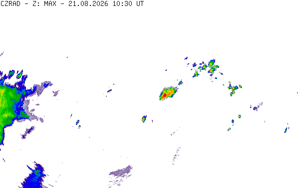Meteoradar - aktuální srážky 2026-08-21 12:30:00