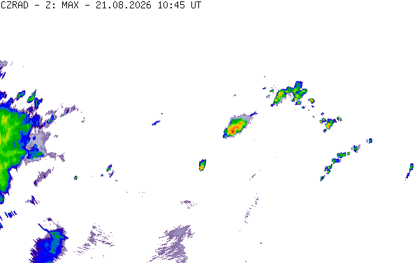 Meteoradar - aktuální srážky 2026-08-21 12:45:00