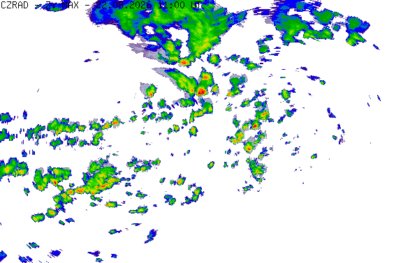 Meteoradar - aktuální srážky 2026-08-22 13:00:00