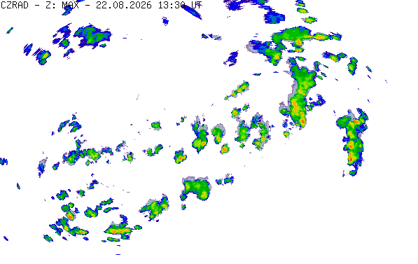 Meteoradar - aktuální srážky 2026-08-22 15:30:00