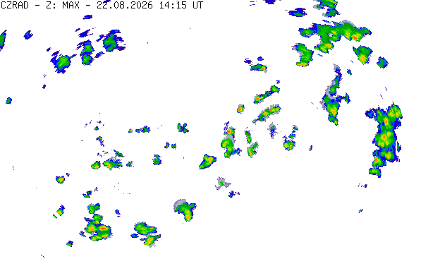 Meteoradar - aktuální srážky 2026-08-22 16:15:00
