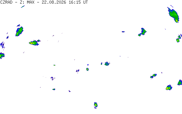 Meteoradar - aktuální srážky 2026-08-22 18:15:00