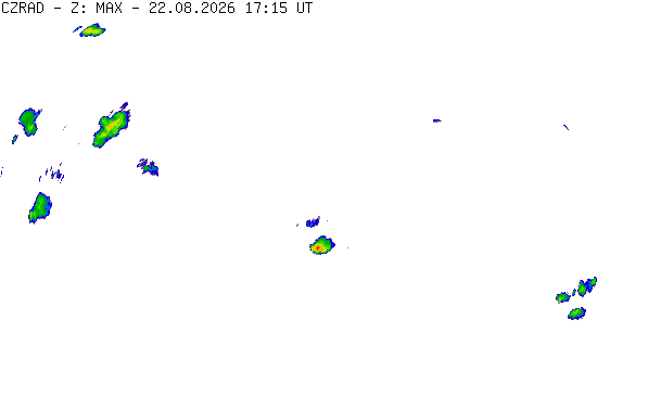 Meteoradar - aktuální srážky 2026-08-22 19:15:00