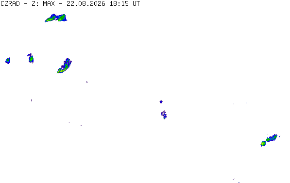 Meteoradar - aktuální srážky 2026-08-22 20:15:00