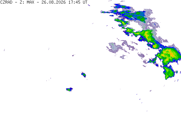 Meteoradar - aktuální srážky 2026-08-26 19:45:00